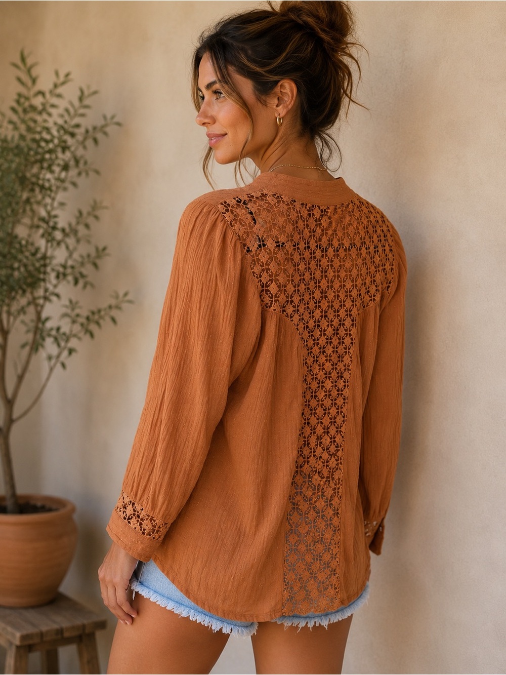 Free People The Best Button Down Crochet Blouse Shirt Peach Size XS